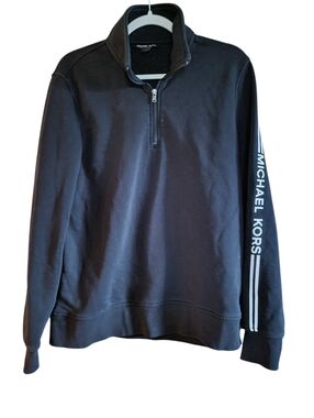 Michael Kors Women's Black Zip-Front Pullover with Logo Sleeve Size Large